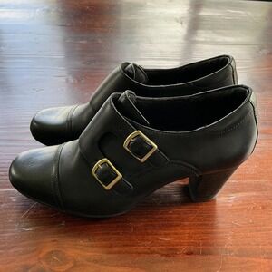Clarks Sapphire Heeled Ankle Boot Women 7M Black Leather Double Monk Strap 62597